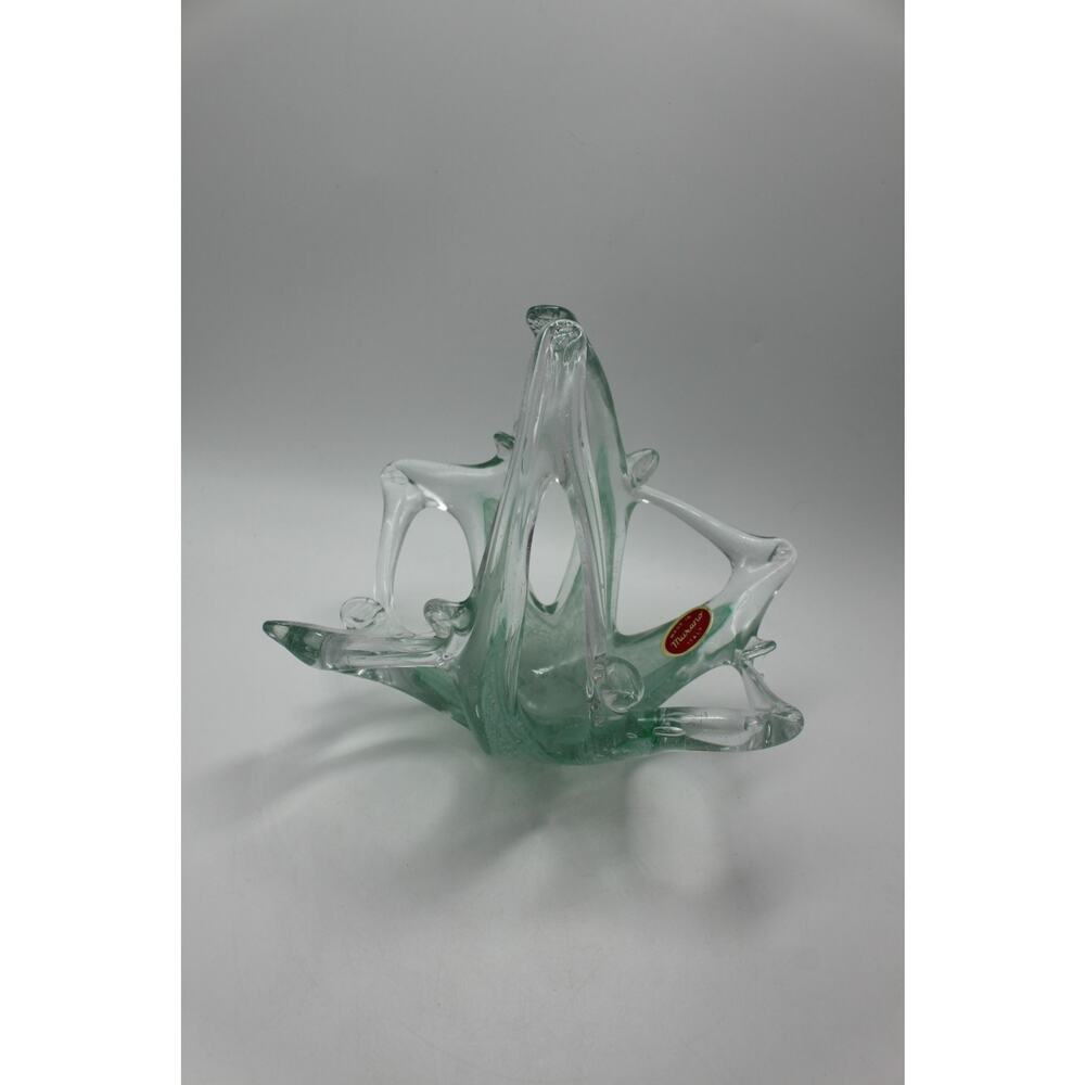 Vtg Murano Art Glass Green Hand Blown Stretched Starfish Gazer Basket w/ Label